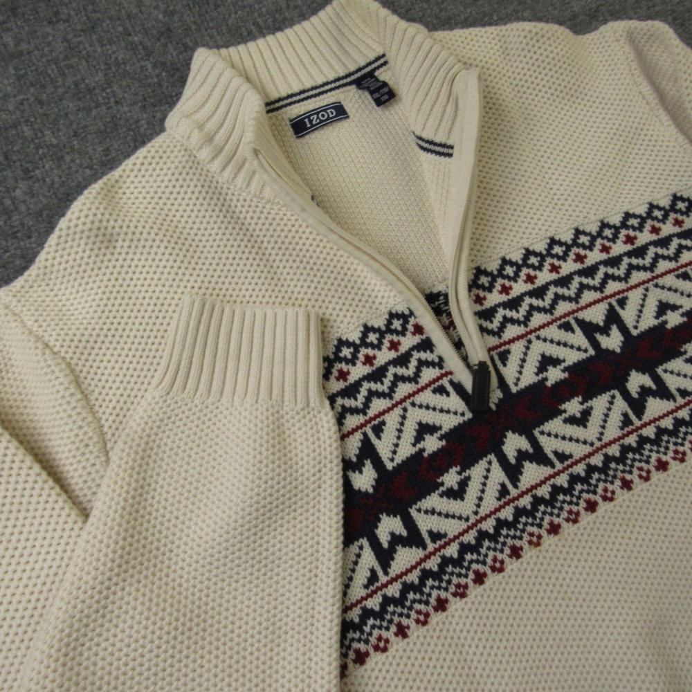 IZOD Sweater‎ Mens XL White 1/4 Zip Mock Neck Fair Isle Pullover Waffle Knit Ski